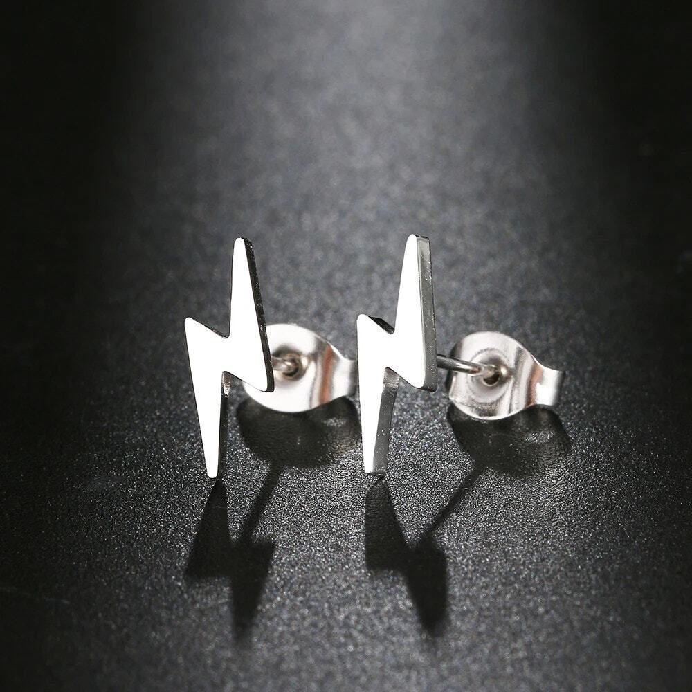 Silver Dainty Lightening Bolt Stud Earrings Stainless Steel